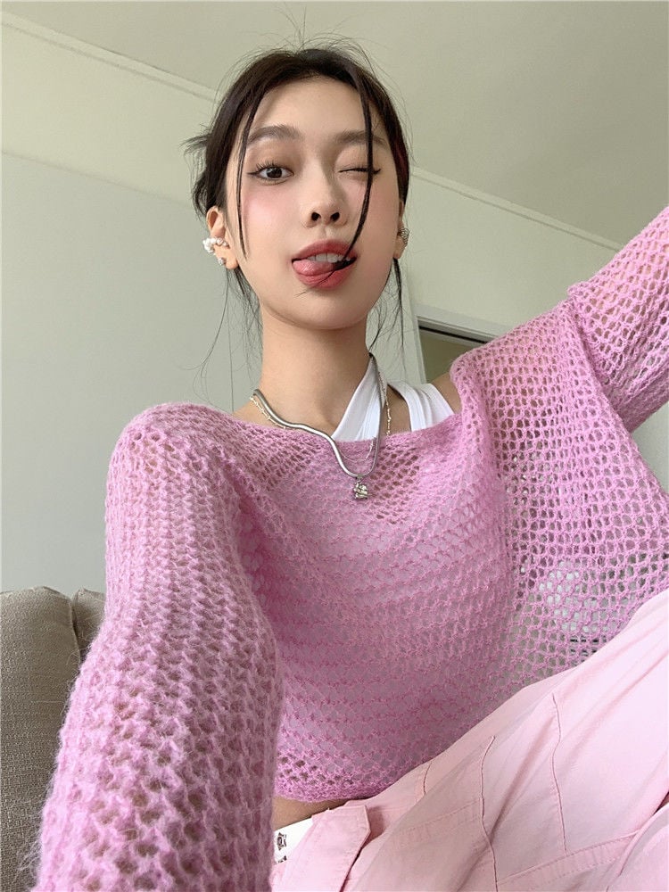 Pink Hollow Out Knit Cropped Sweater