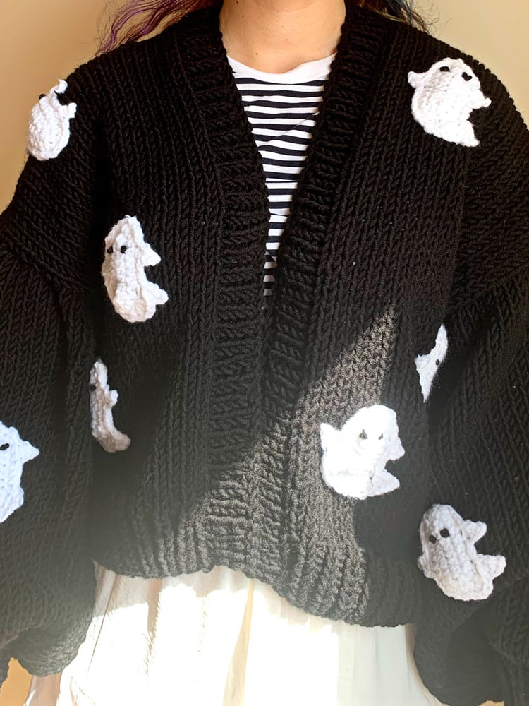 3D Black Ghost Crochet Sweater