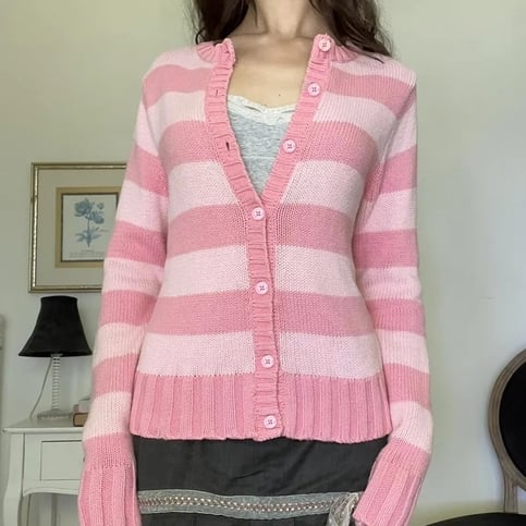 Pink Stripe Button Down Long Sleeve Cardigan