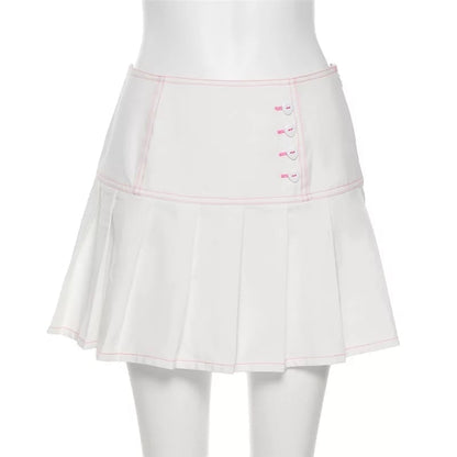 Cute Sweet White Heart Button Pleated Zipper Patchwork High Waisted Mini Skirt Bottoms Aesthetic Casual Summer E-Girl Kawaii Korean Japanese Harajuku