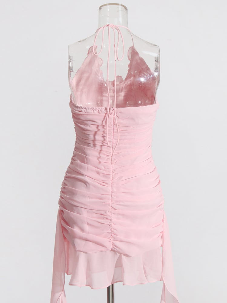 Pink Flower Halter Fold Mini Dress