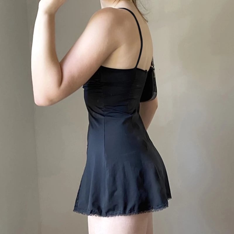 Cute Sexy Black Lace Bow Patchwork Retro Mini Dress Party Club Summer Aesthetic Casual E-Girl Kawaii Korean Japanese Harajuku