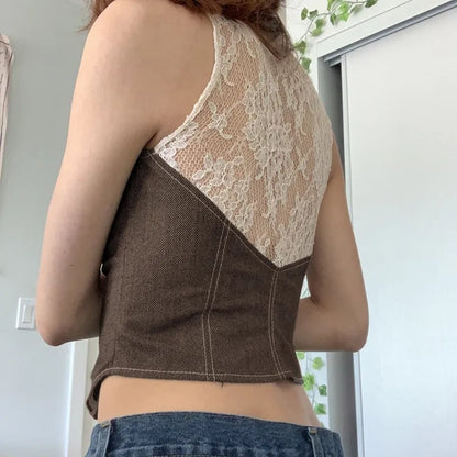 Brown Button Up Lace Patchwork Sleeveless Vest Shirt