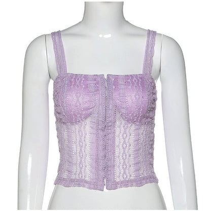 Sexy Lace Net Crop Top Tank Camisole Sleeveless Shirt Summer Causal E-Girl Kawaii Korean Japanese Harajuku Streetwear