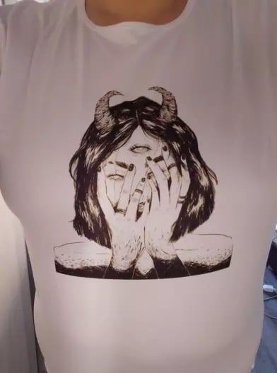 Cute Scary Horror Anime Girl Devil Horn Goth Loose Short Sleeve Short T-shirt Tee Top Summer Casual E-Girl Kawaii Korean Japanese Harajuku Streetwear