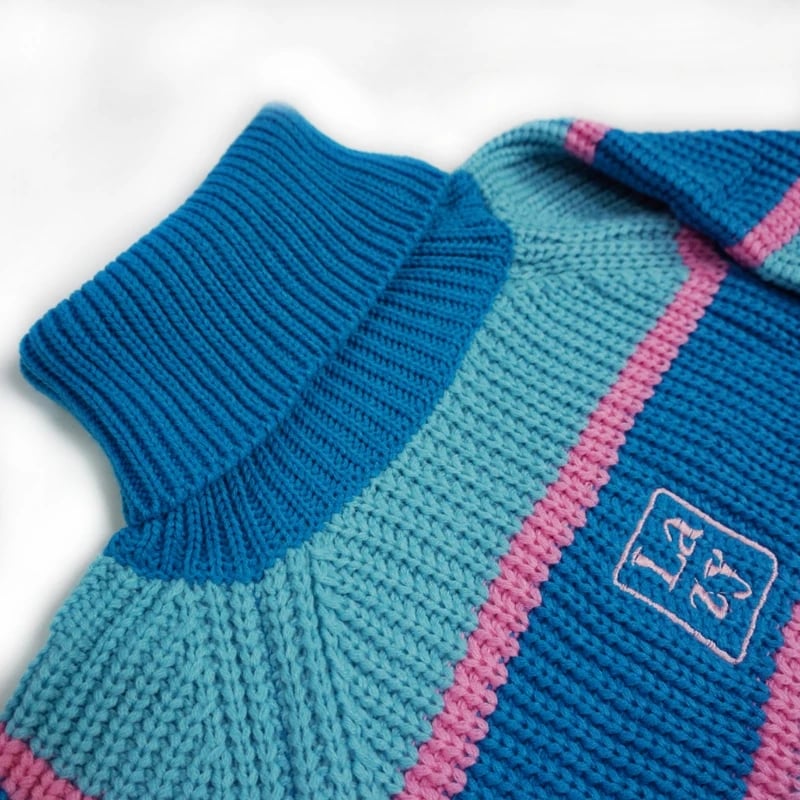 Blue Patchwork Turtleneck Sweater