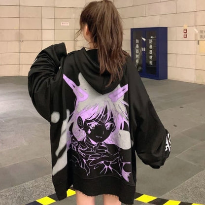 Cute Purple Anime Girl Graphic Print Oversize Long Sleeve Shirt Hoodie Punk Goth Aesthetic Casual E-Girl Kawaii Korean Japanese Harajuku