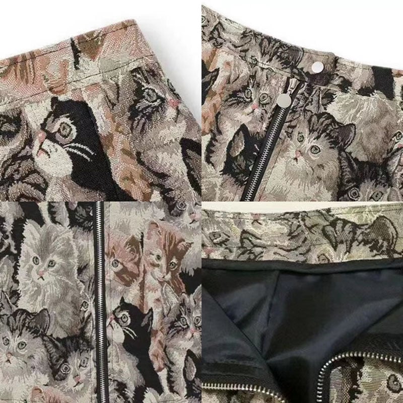 Vintage Cat Print Mini Skirt