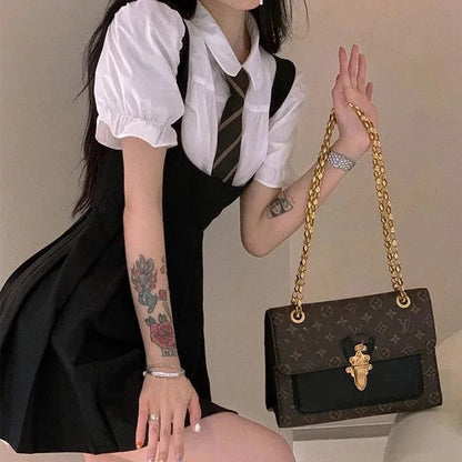 Cute Preppy Puff Sleeve Shirt Pleated Dress Set Student Aesthetic Casual E-Girl Kawaii Korean Japanese Harajuku