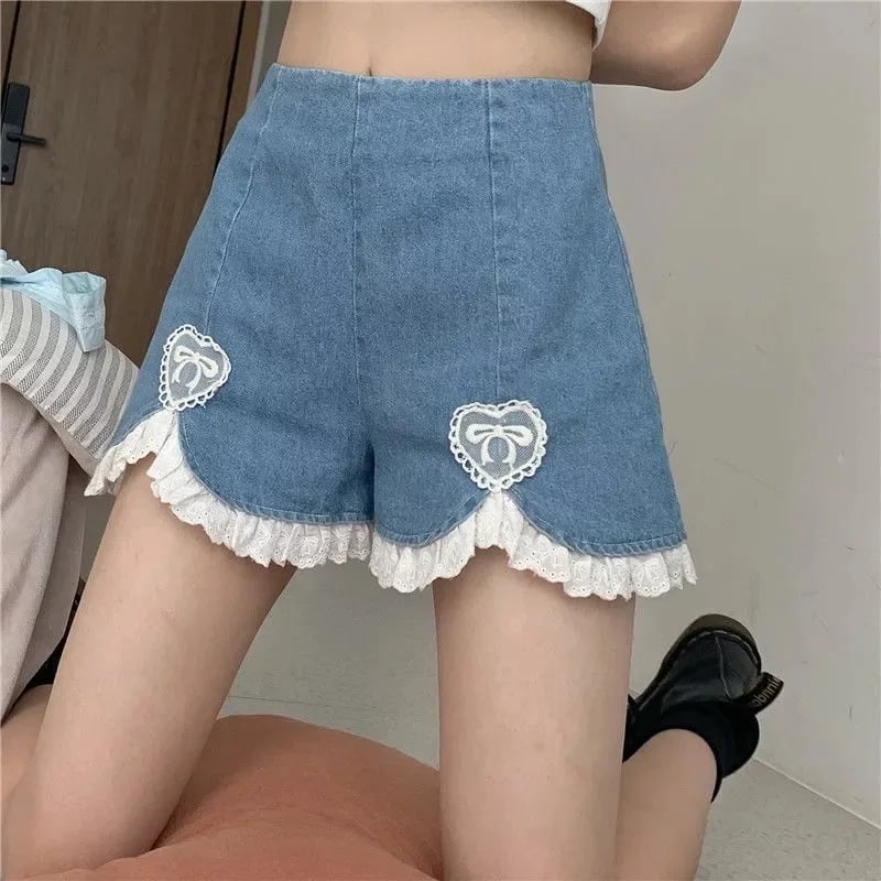 Cute Sweet Heart Lace Cut Out Denim Blue Shorts High Waist Bottoms Vintage Aesthetic Casual Summer E-Girl Kawaii Korean Japanese Harajuku