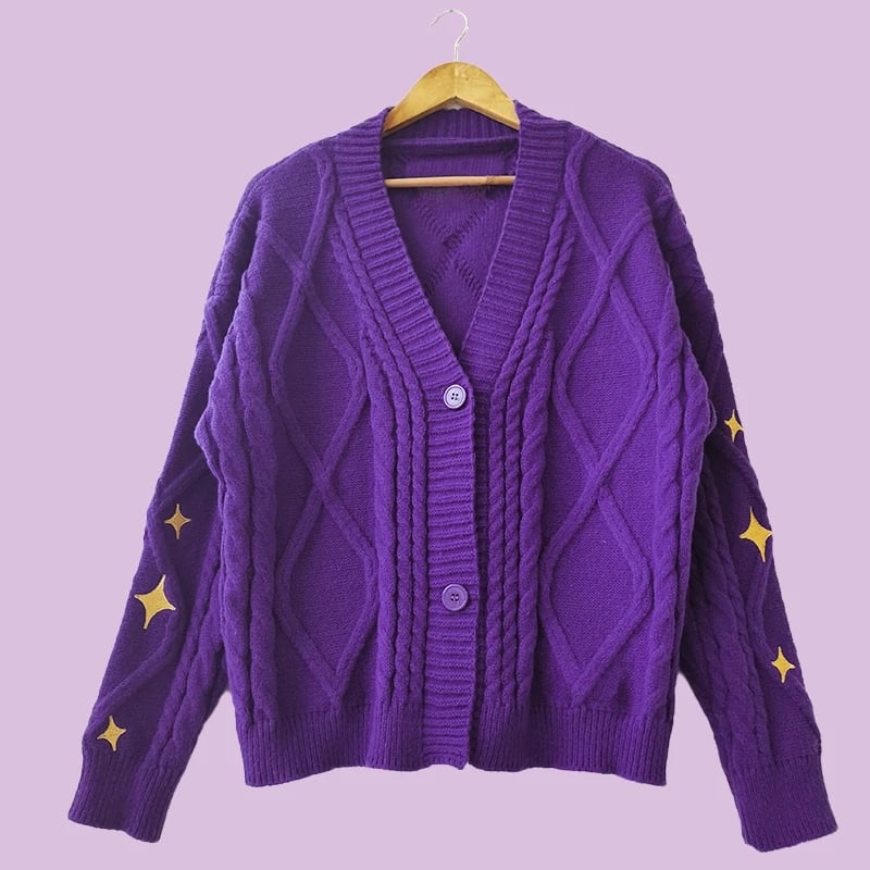 Purple Star Embroidery Button Cardigan