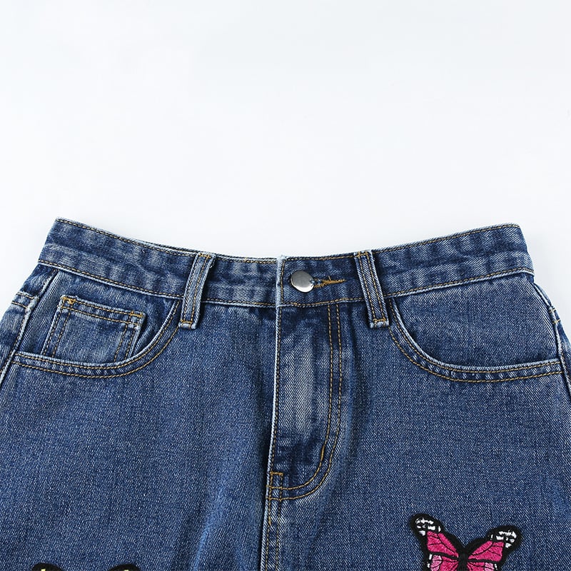Butterfly Embroidery High Waist Denim Jeans