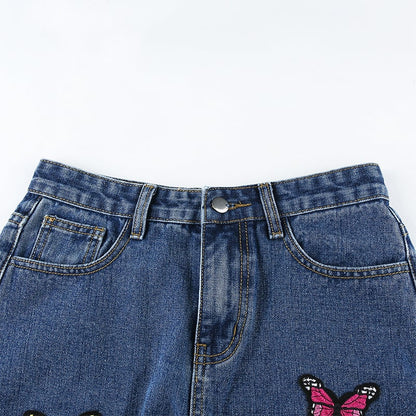 Butterfly Embroidery High Waist Denim Jeans