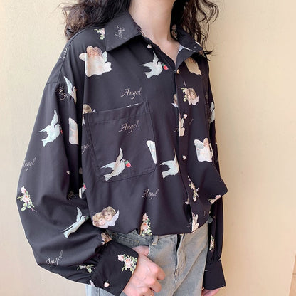 Vintage Angel Love Print Elegant Long Sleeve Shirt Blouse Top Lantern Sleeve Punk Grunge E-Girl Kawaii Korean Japanese Harajuku Streetwear