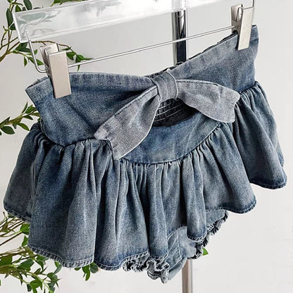 Denim Bow Ruffle Low Waist Skirt