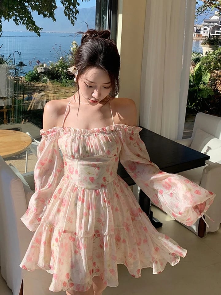 Rose Watercolor Off Shoulder Puff Sleeve Dress