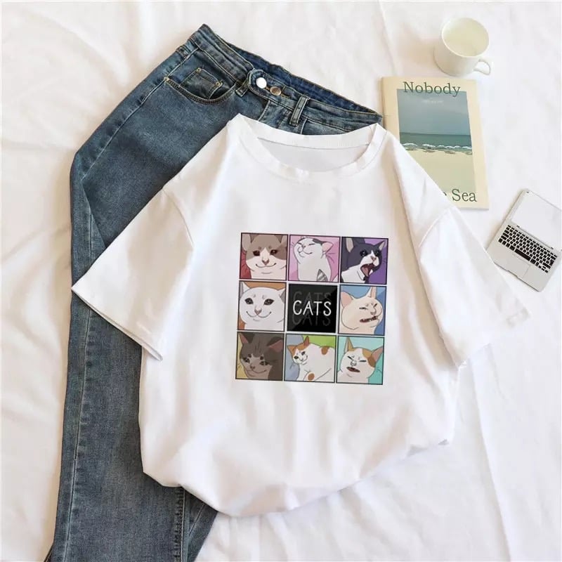 Cute Cat Kitten Animal Cartoon Funny Short Sleeve Shirt Tee T-shirt E-Girl Kawaii Korean Japanese Harajuku Chinese Retro Streetwear Aesthetic