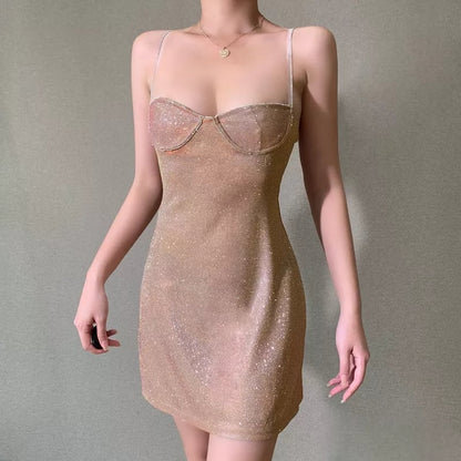 Cute Sexy Sparkle Rhinestone Mini Dress Low Neck Sleeveless Backless Night Club Bodycon Summer Aesthetic Casual E-Girl Kawaii Korean Japanese Harajuku