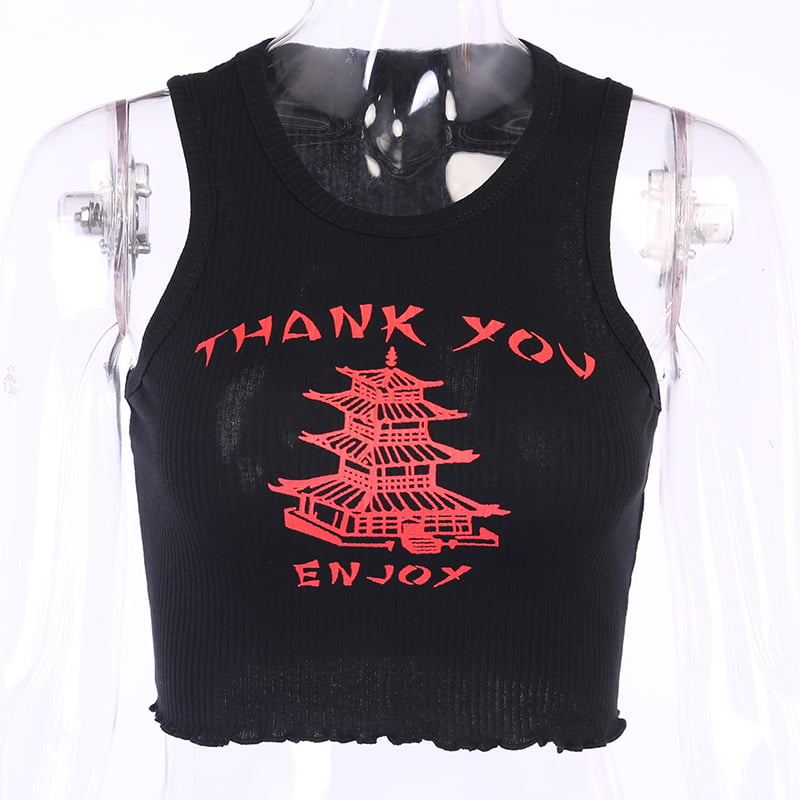 Cute Chinese Takeout Letter Embroidery White Tank Top Cropped Camisole Tee Shirt T-shirt E-Girl Kawaii Korean Japanese Harajuku Retro Streetwear