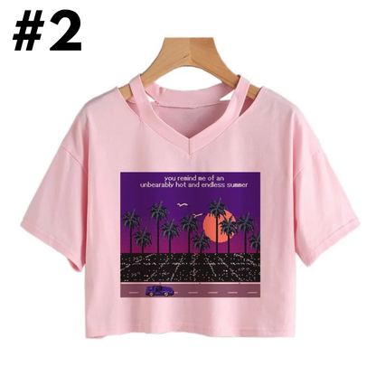 Cute Vintage Mountain Road Moon Night Sky Print Crop Top Short Sleeve Shirt Aesthetic Casual E-Girl Kawaii Korean Japanese Harajuku