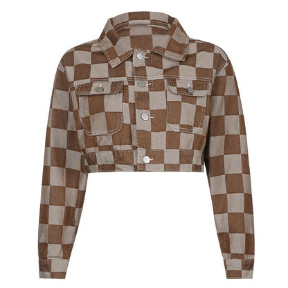Brown Checkboard Cropped Denim Jacket