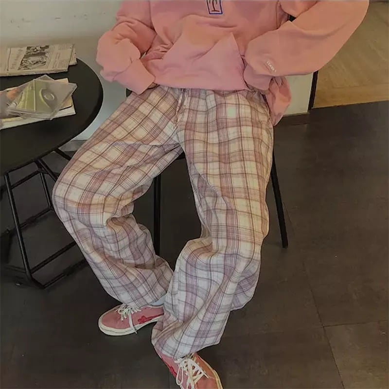 Cute Pastel Pink Checkered Plaid Pants Autumn Punk High Waisted Causal Loose Trouser Hip Hop Bottoms E-Girl Kawaii Korean Japanese Harajuku Streetwear