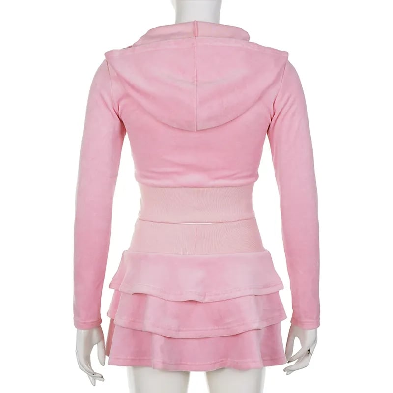 2PCS Pink Zipper Hoodie + Tiered Mini Skirt Set