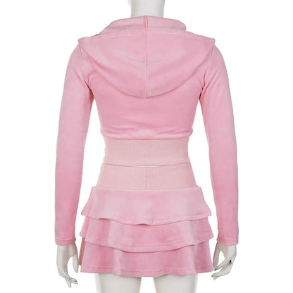 2PCS Pink Zipper Hoodie + Tiered Mini Skirt Set