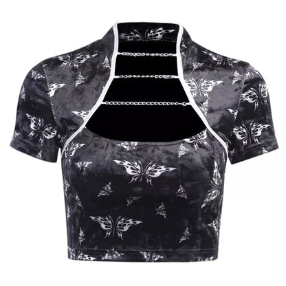Cute Chinese Style Butterfly Crop Top Short Sleeve Shirt Blouse Summer Aesthetic Casual E-Girl Kawaii Korean Japanese Harajuku