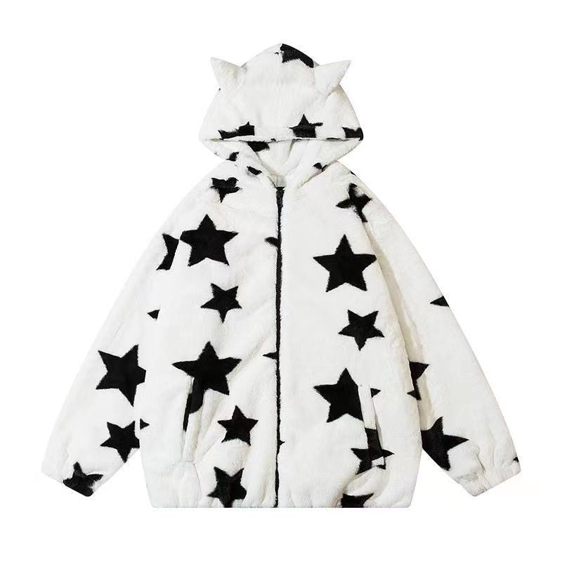 3D Star Ear Print Plush Hood Jacket