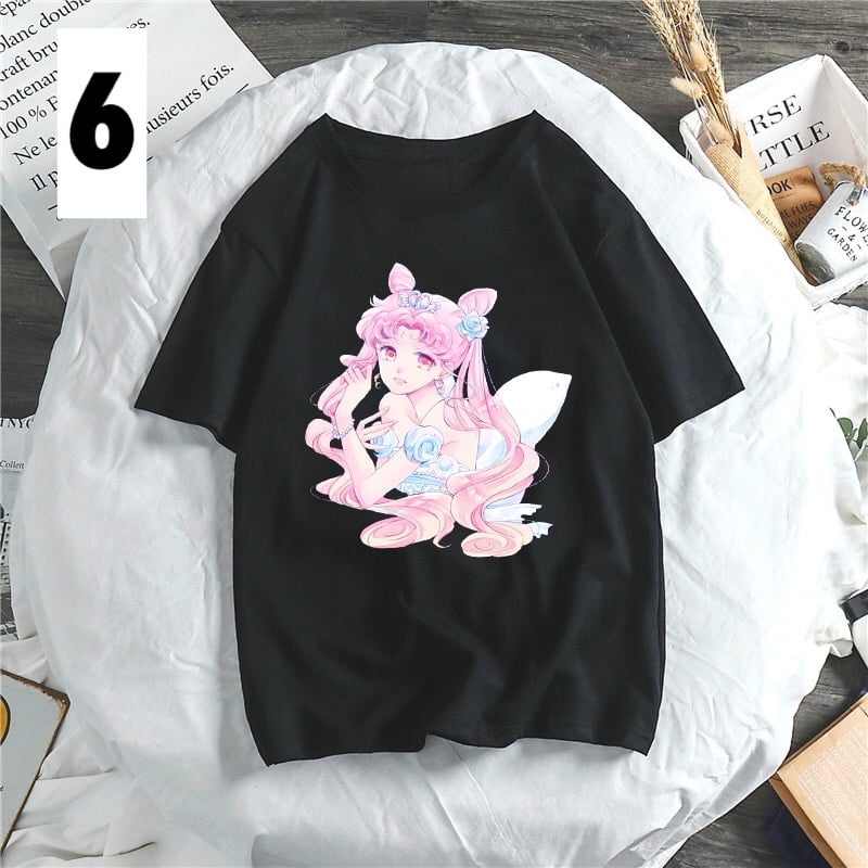 Anime Girl Cartoon Print Aesthetic Loose Short Sleeve Shirt T-shirt Top Punk Goth Summer Casual E-Girl Kawaii Korean Japanese Harajuku Streetwear
