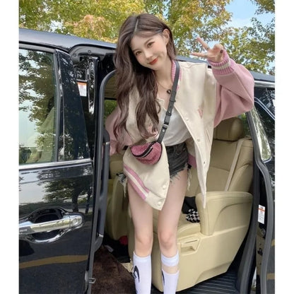 Pink Patchwork Oversized Varsity Jacket