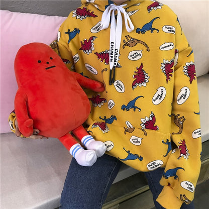 Funny Dinosaur Cartoon Print Vintage Baggy Oversized Loose Hoodie Pullover Sweater Sweatshirt Jumper E-Girl Kawaii Korean Japanese Harajuku Streetwear