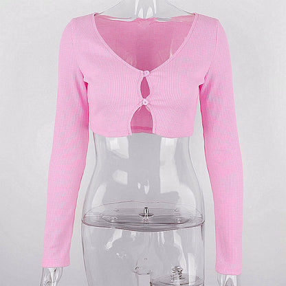 Pink Ribbed Long Sleeve Crop Top