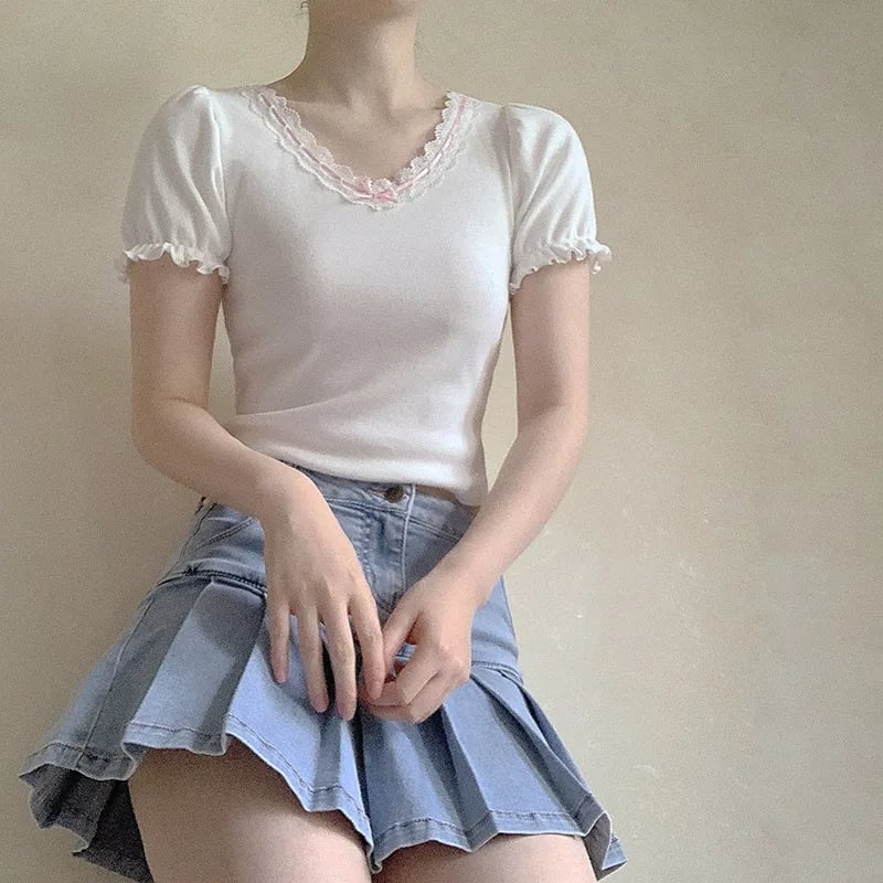 Lace Trim Bow V Neck Puff Short Sleeve Shirt