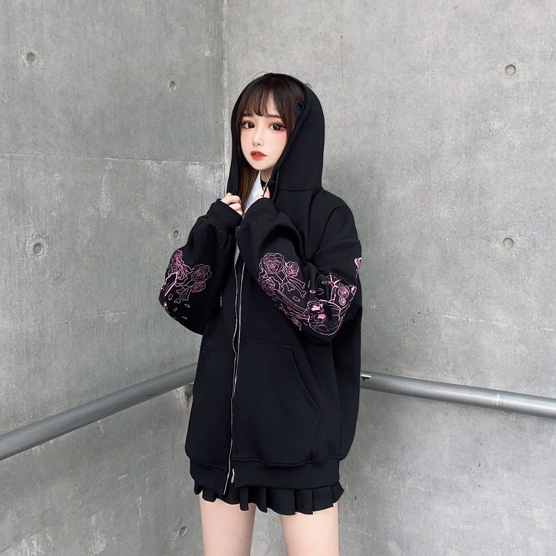 Black Skull Sword Print Zip Up Hoodie