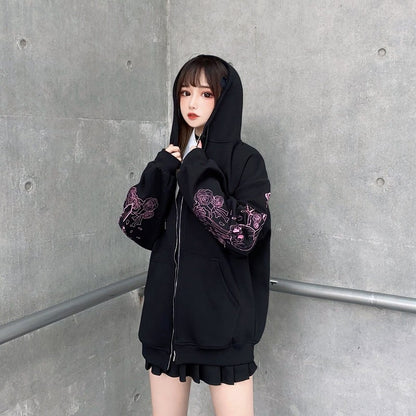 Black Skull Sword Print Zip Up Hoodie