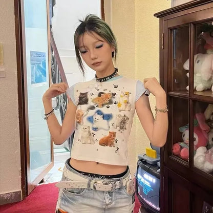 Cat Print Patchwork Short Sleeve T-shirt