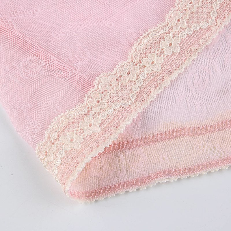 Cute Sexy Pink Sweet Lace Trim Bow Crop Top V Neck Transparent Sleeveless Shirt Summer Party E-Girl Kawaii Korean Japanese Harajuku Streetwear