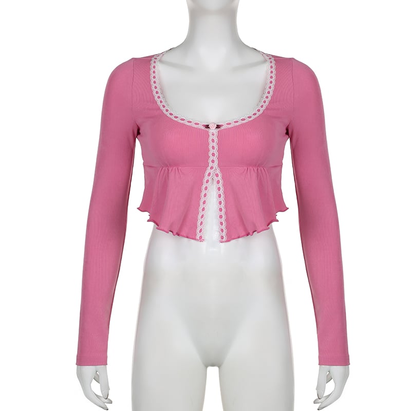 Pink Frill Lace Long Sleeve Crop Top