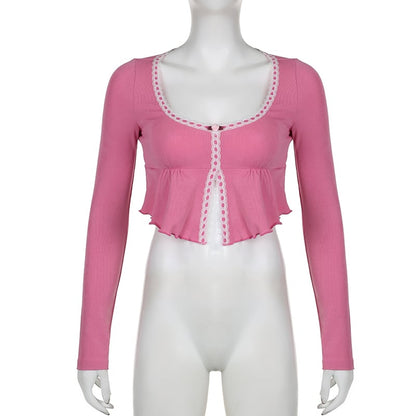 Pink Frill Lace Long Sleeve Crop Top