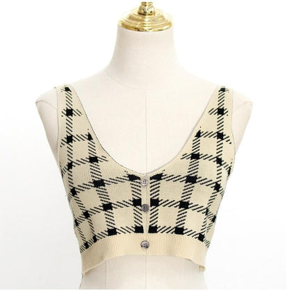 Cute 2 Pcs Gingham Plaid Sweater Knit Button Up Crop Top Shirt Tee T-shirt E-Girl Kawaii Korean Japanese Harajuku Chinese Retro Streetwear Aesthetic