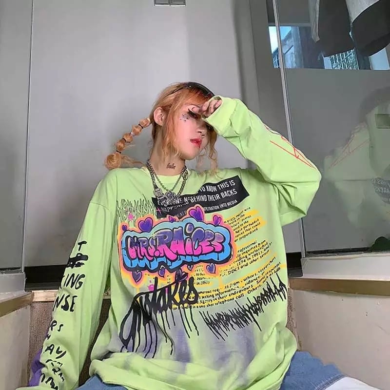 Cute Graffiti Art Graphic Print Punk Baggy Hip Hop Oversized Long Sleeve Tee Shirt T-shirt Top E-Girl Kawaii Korean Japanese Harajuku Streetwear