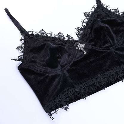 Cute Sexy Black Lace Trim Cross Goth Punk Backless Crop Top Tank Sleeveless Shirt Summer Casual E-Girl Kawaii Korean Japanese Harajuku Streetwear