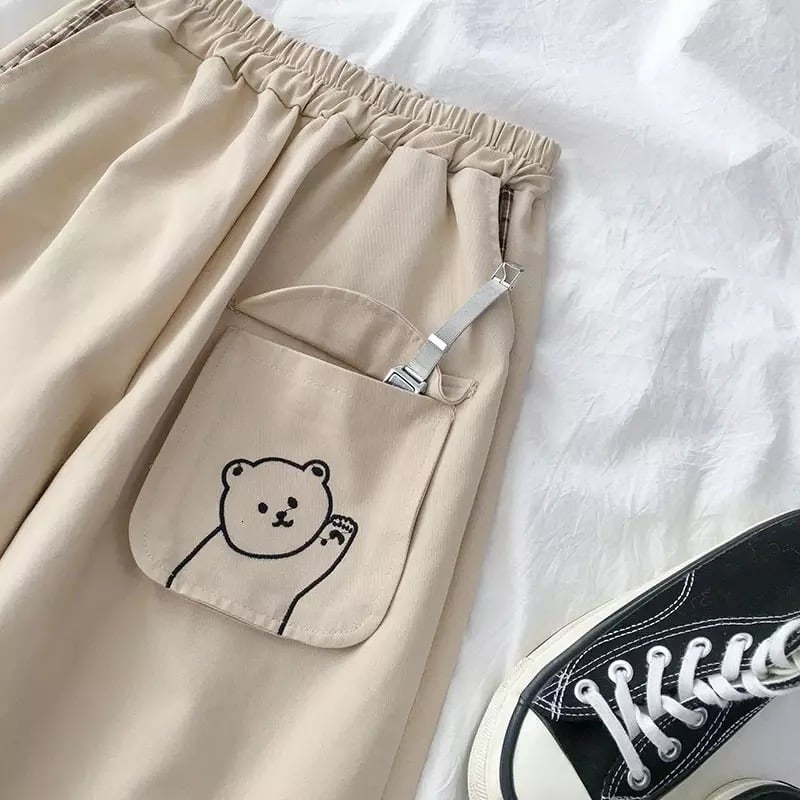 Cute Black Khaki Bear Embroidery Wide Leg Pants Women Casual High Waisted Loose Long Straight Bottom E-Girl Kawaii Korean Japanese Harajuku Streetwear