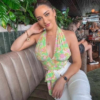 Green Floral Print Halter Top