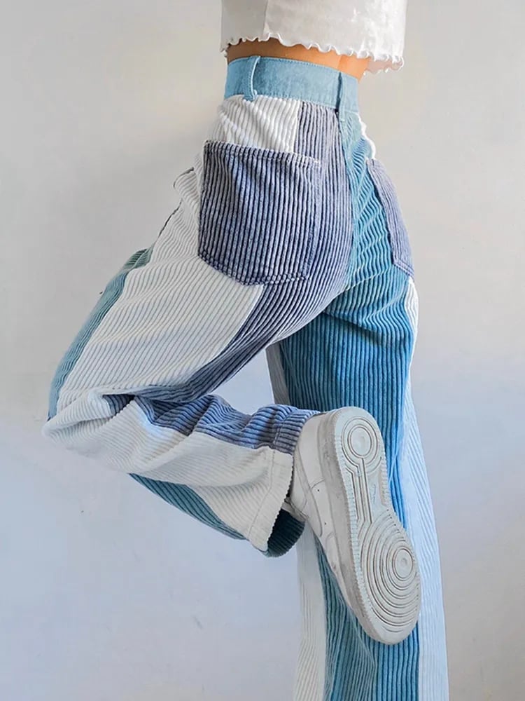 Blue Patchwork Corduroy High Waist Trousers
