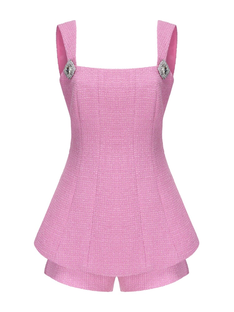 2PCs Pink Tweed Square Collar Top + Shorts Set
