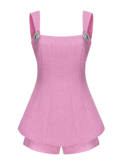 2PCs Pink Tweed Square Collar Top + Shorts Set