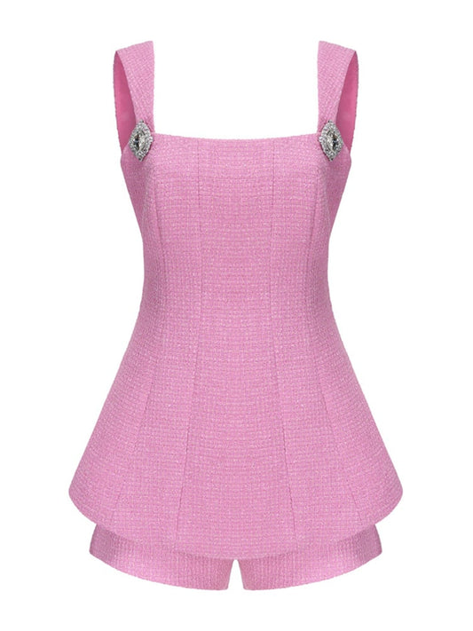 2PCs Pink Tweed Square Collar Top + Shorts Set